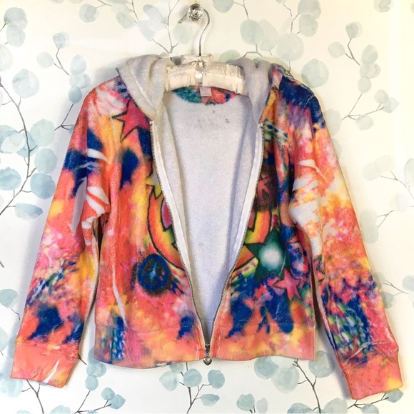 Justice Kids Rainbow Tie Dye Fleece Hoodie Sweatshirt Peace Stars Heart Zipper - Picture 7 of 14
